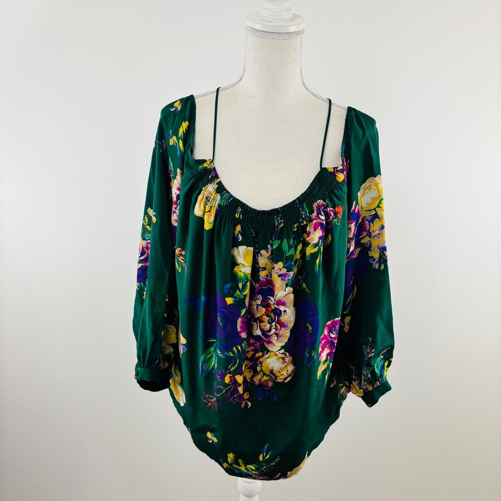 Maeve Tallie Open Shoulder Silk Green Floral Blouse Anthropologie Size Large